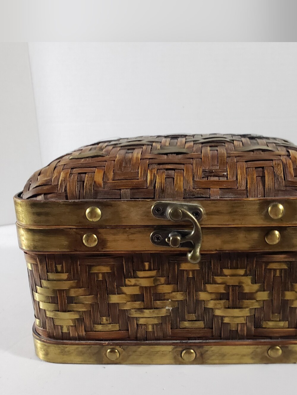 Vintage Woven Bamboo Basket Box Trunk Brass Trim Hardware Latch Boho Chest